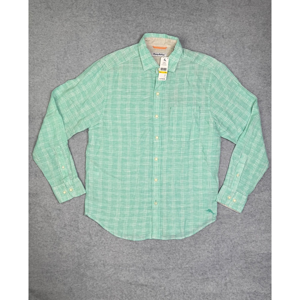 NWT Tommy Bahama Ventana Plaid 100% Linen Shirt Mens Medium Turquoise Cabbage